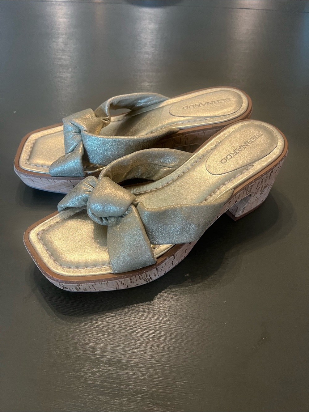 Bernardo Gold Knot-Front Cork Block Heel Sandal Clogs
